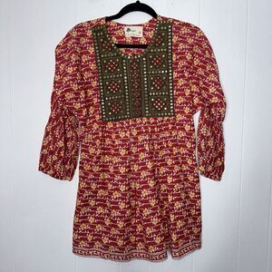 Anthropologie Kopal Women’s Myra Embellished Tunic Top Floral Red India Medium